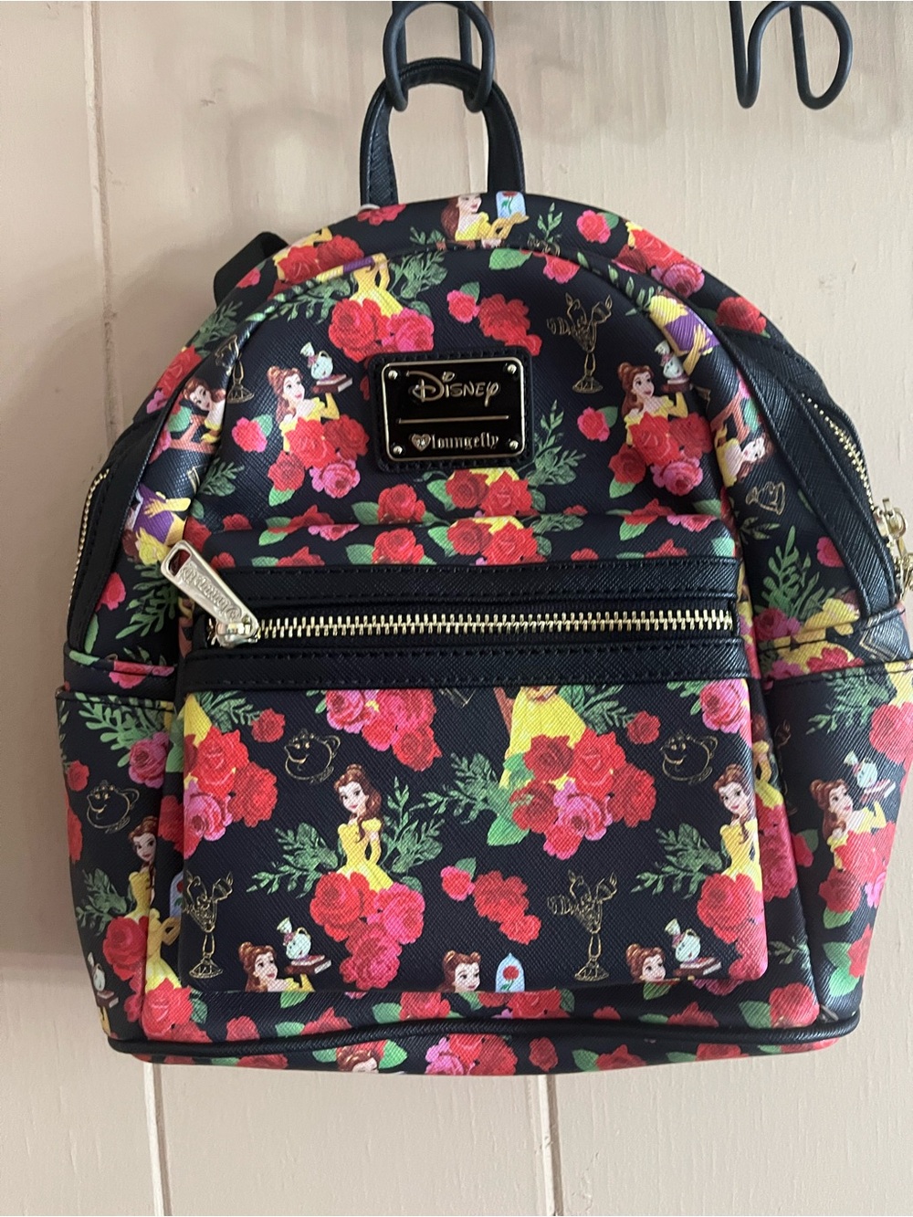 Loungefly Black Floral Belle Mini Backpack with Gold Accents NWT